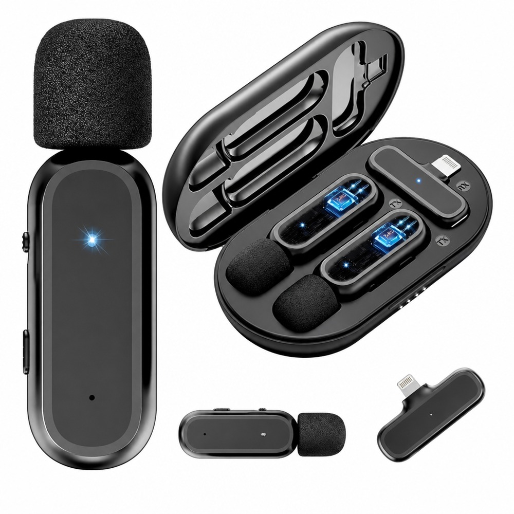 K61 2-in-1 Type-C wireless lavalier dual mics with charging case, noise reduction & low latency, for dual-person vlog and live streaming.