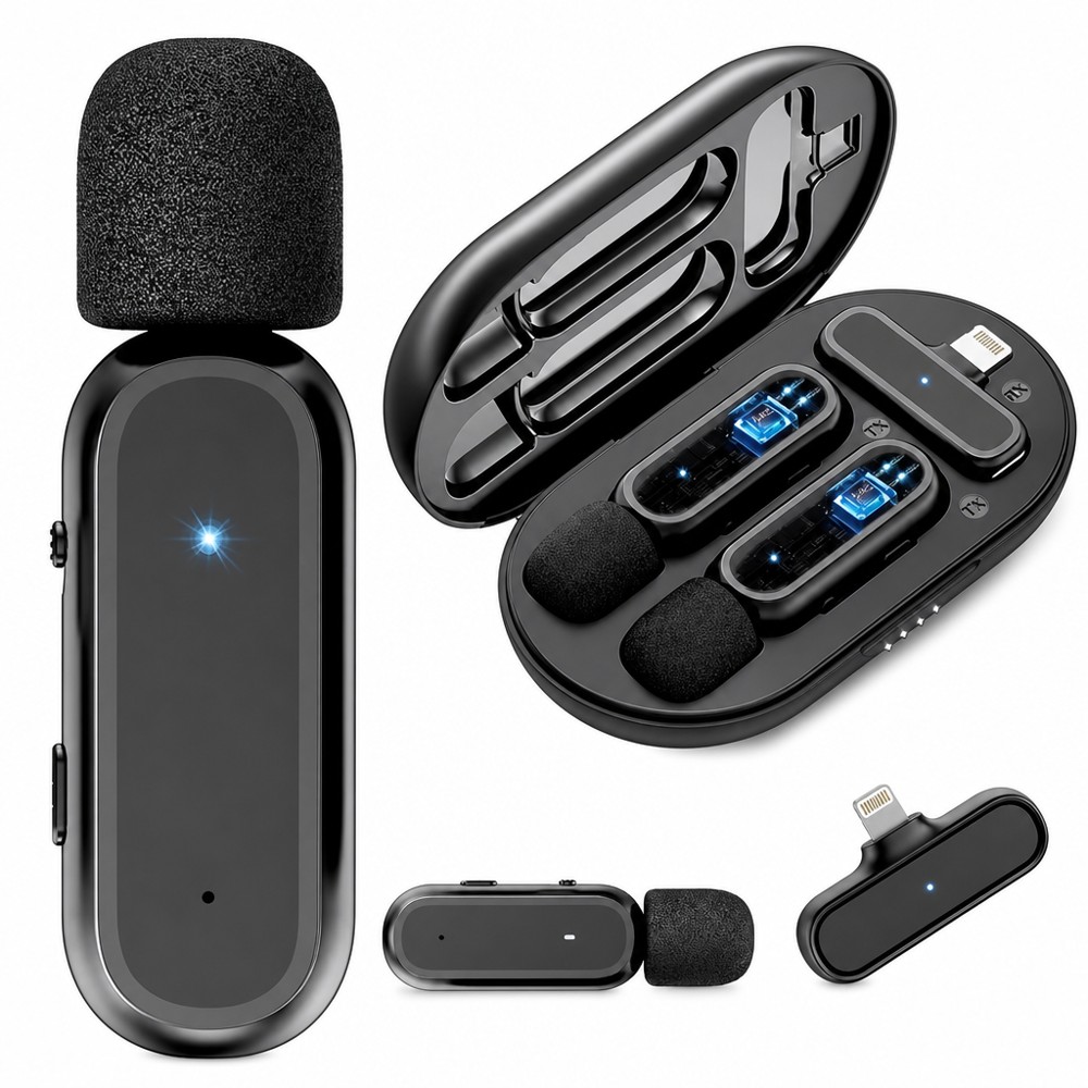 K61-IP-2 2-in-1 Lightning wireless lavalier dual mics with charging case, noise reduction low latency, support recording while charging for live streaming & vlogs.
