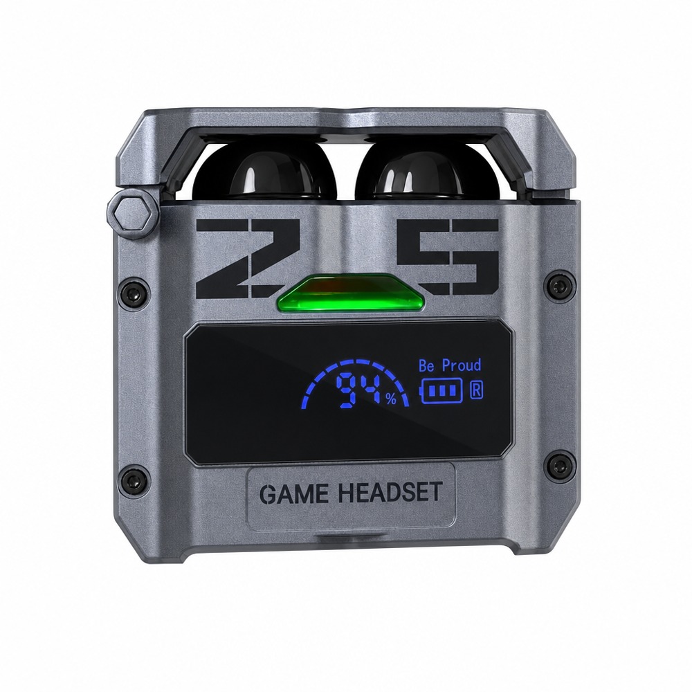 The M25 esports-style TWS Bluetooth earbuds feature a rugged metallic mecha-style charging case with a digital power display, low latency, and long battery life, designed for both gaming and daily use.
