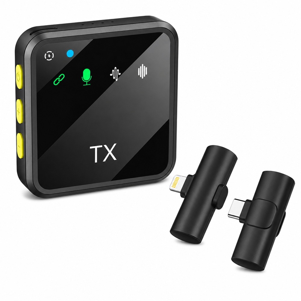 F9 2-in-1 Type-C wireless lavalier dual mics, HD noise reduction low latency, plug-and-play for dual-person live streaming and vlogs.