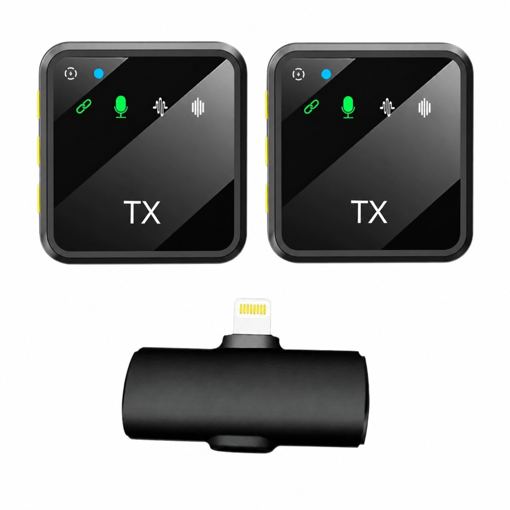 F9-IP-2 2-in-1 Lightning wireless lavalier dual microphones, noise reduction recording, charge while filming for live streams & vlogs.