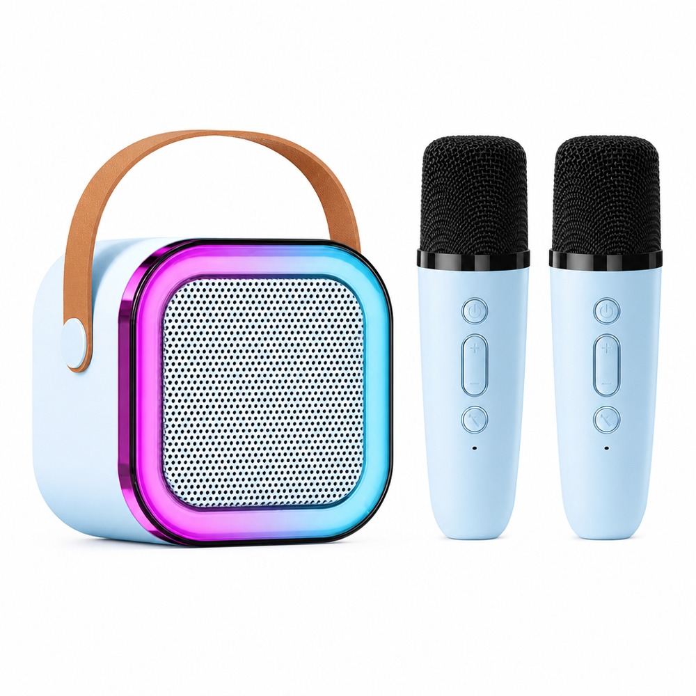 Portable karaoke speaker set with dual wireless mics, RGB colorful lights, one-click vocal cancel, Bluetooth compatible