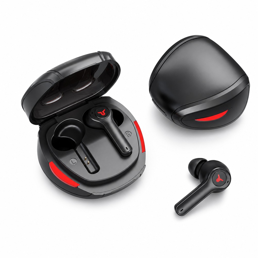 GM9 gaming TWS Bluetooth earbuds with RGB lighting charging case, low latency stereo sound, touch control & long battery for game and music.