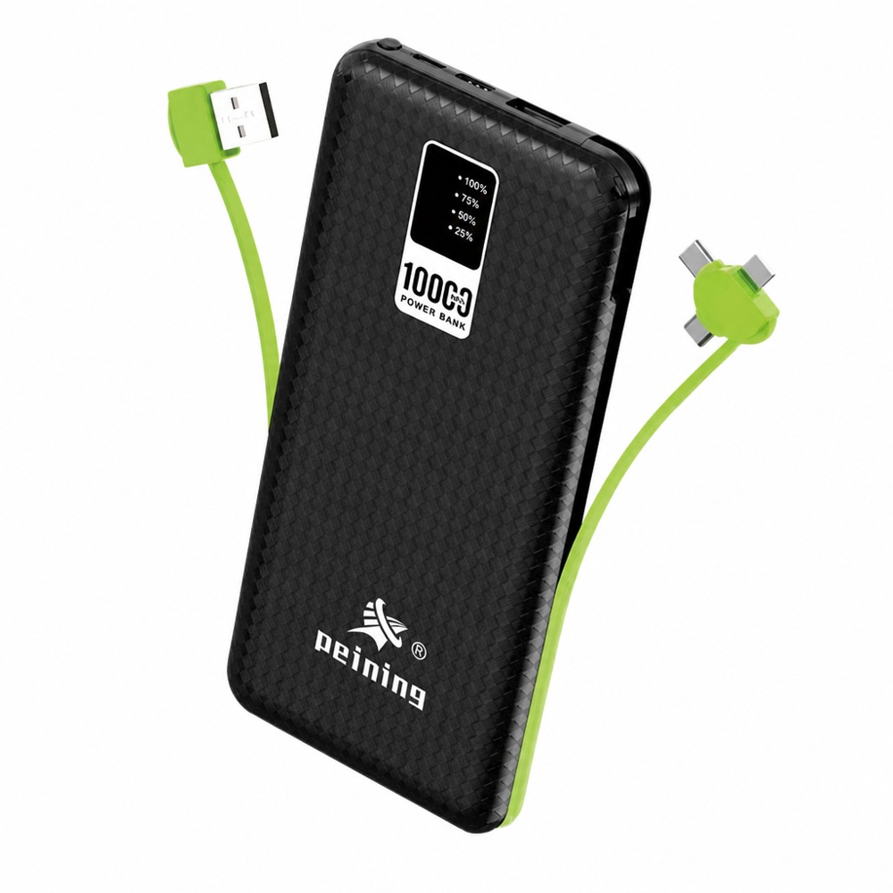 10000mAh power bank with built-in cables, clear digital display, no extra cords needed, portable for all phones