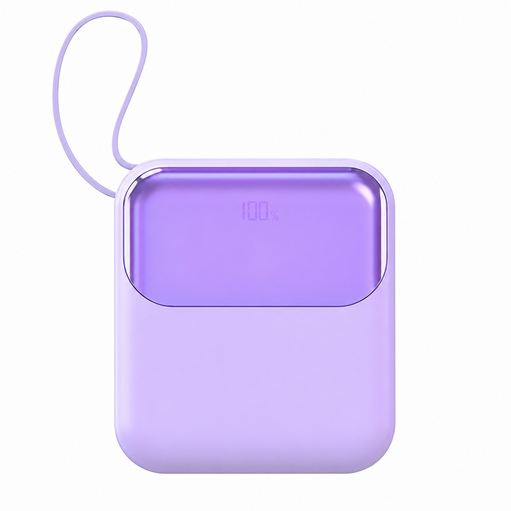 QD-A109 mini 10000mAh power bank with built-in cable, digital display, lanyard design, portable fast charger