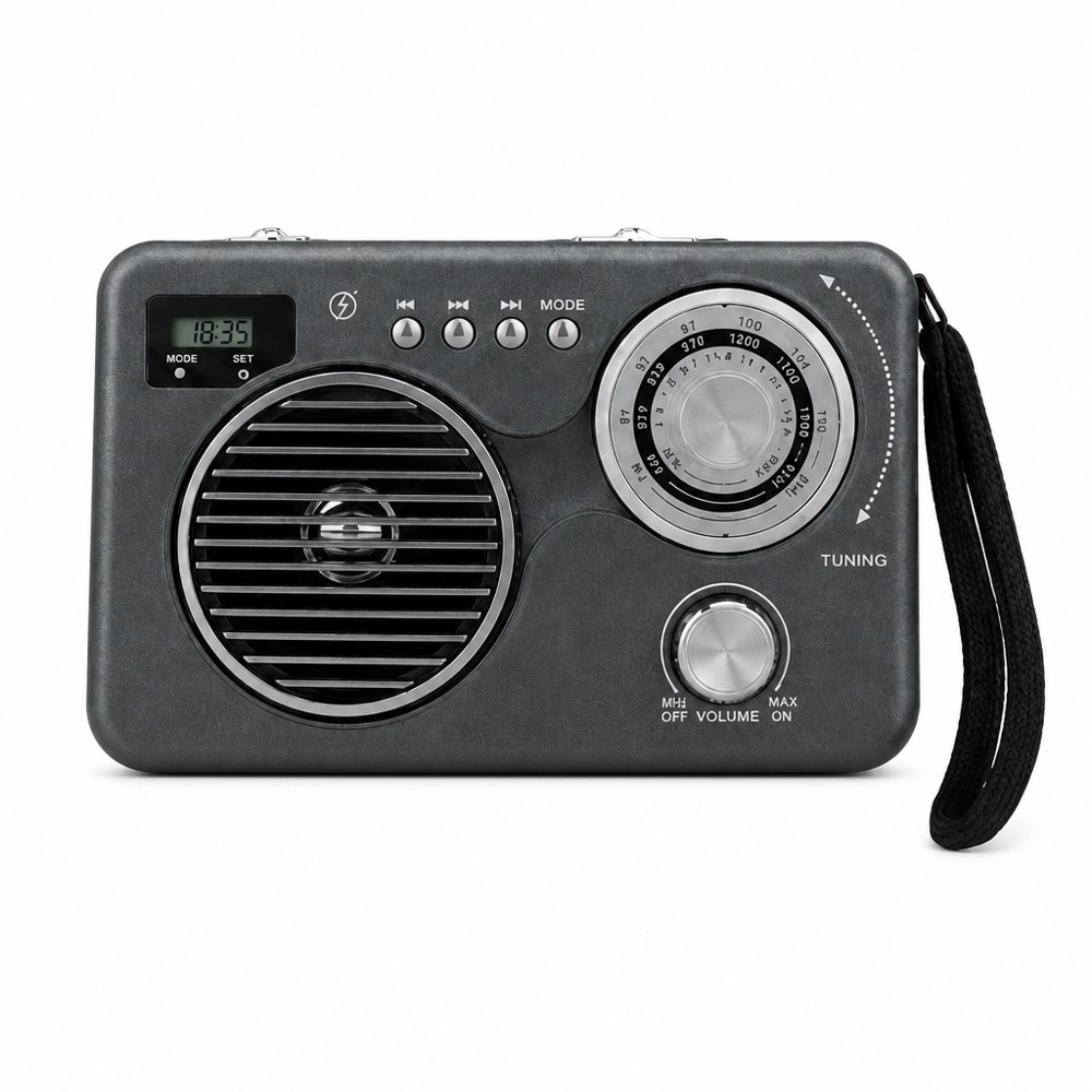 Multi-band retro portable radio with a dark gray body, digital display, and knob tuning  supports FM/AM/SW reception and flashlight, with a wrist strap for easy carrying.