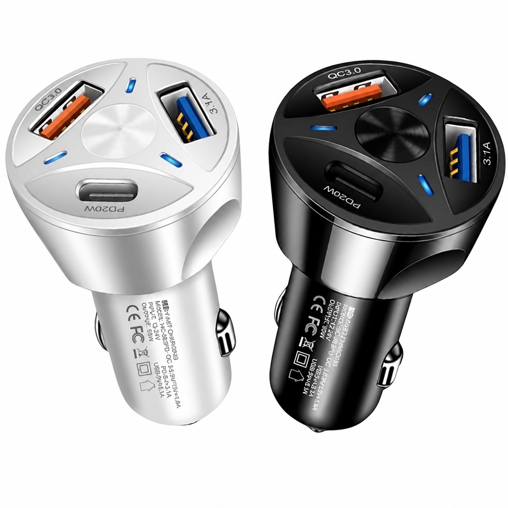 55W 3-port car charger with PD20W Type-C, QC3.0, and 3.1A dual USB ports -silver and black metal body with LED indicators, fast-charging multiple devices simultaneously