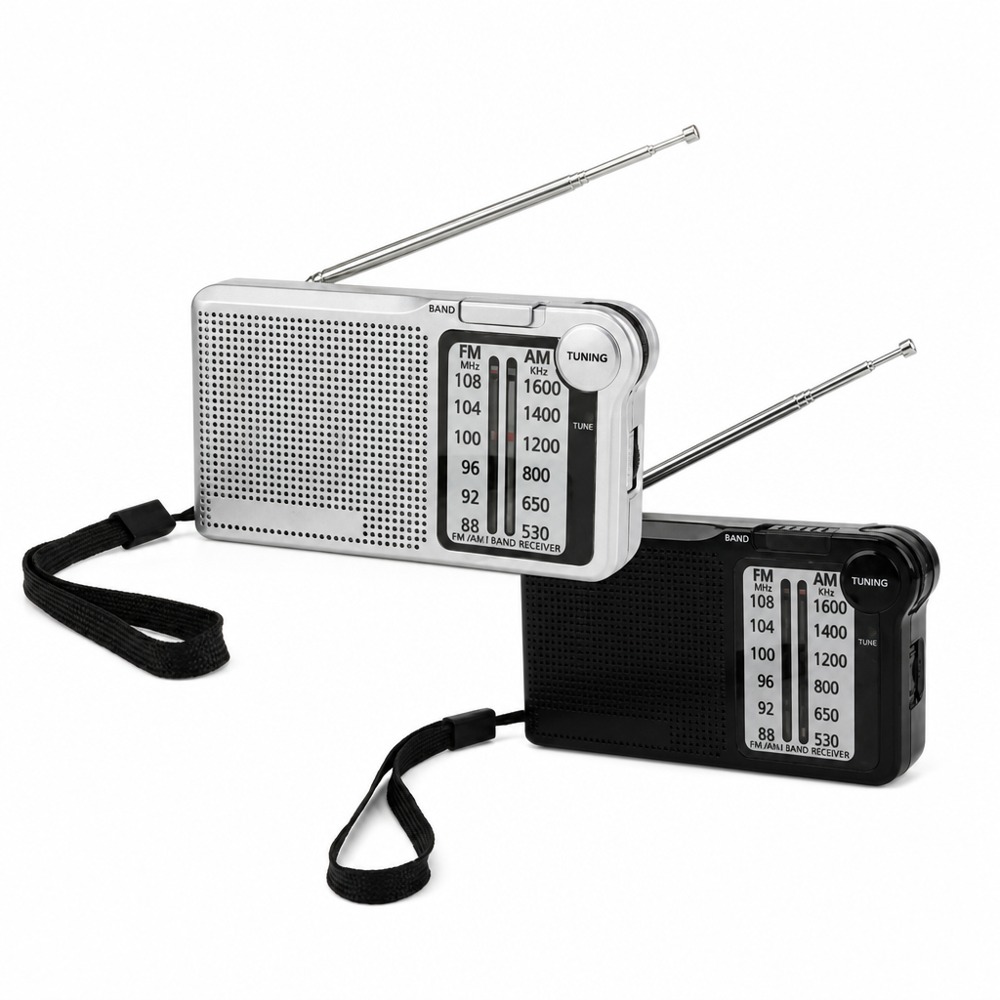 Portable FM/AM dual-band radio with analog tuning, telescopic antenna, and wrist strap available in silver and black, simple to operate, with clear sound quality.