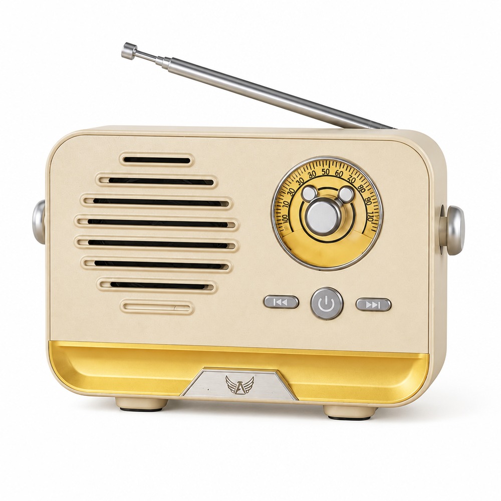 Retro-style FM radio with a cream-white body, gold accents, and telescopic antenna supports Bluetooth playback and knob tuning, combining vintage looks with clear sound quality.