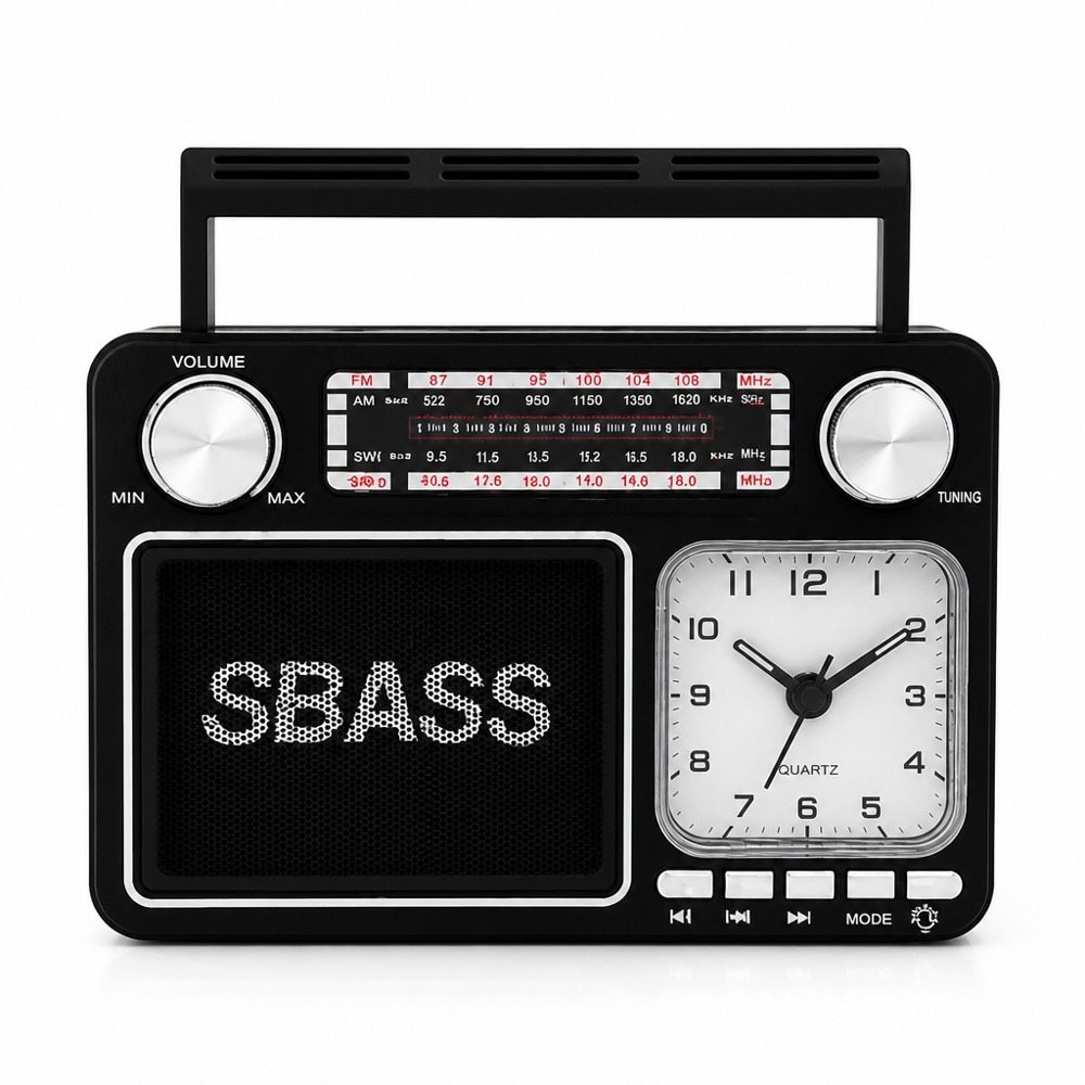 Portable multi-band radio with a black body, carry handle, and analog quartz clock supports FM/AM/SW four-band reception and SBASS bass playback, with simple knob tuning.