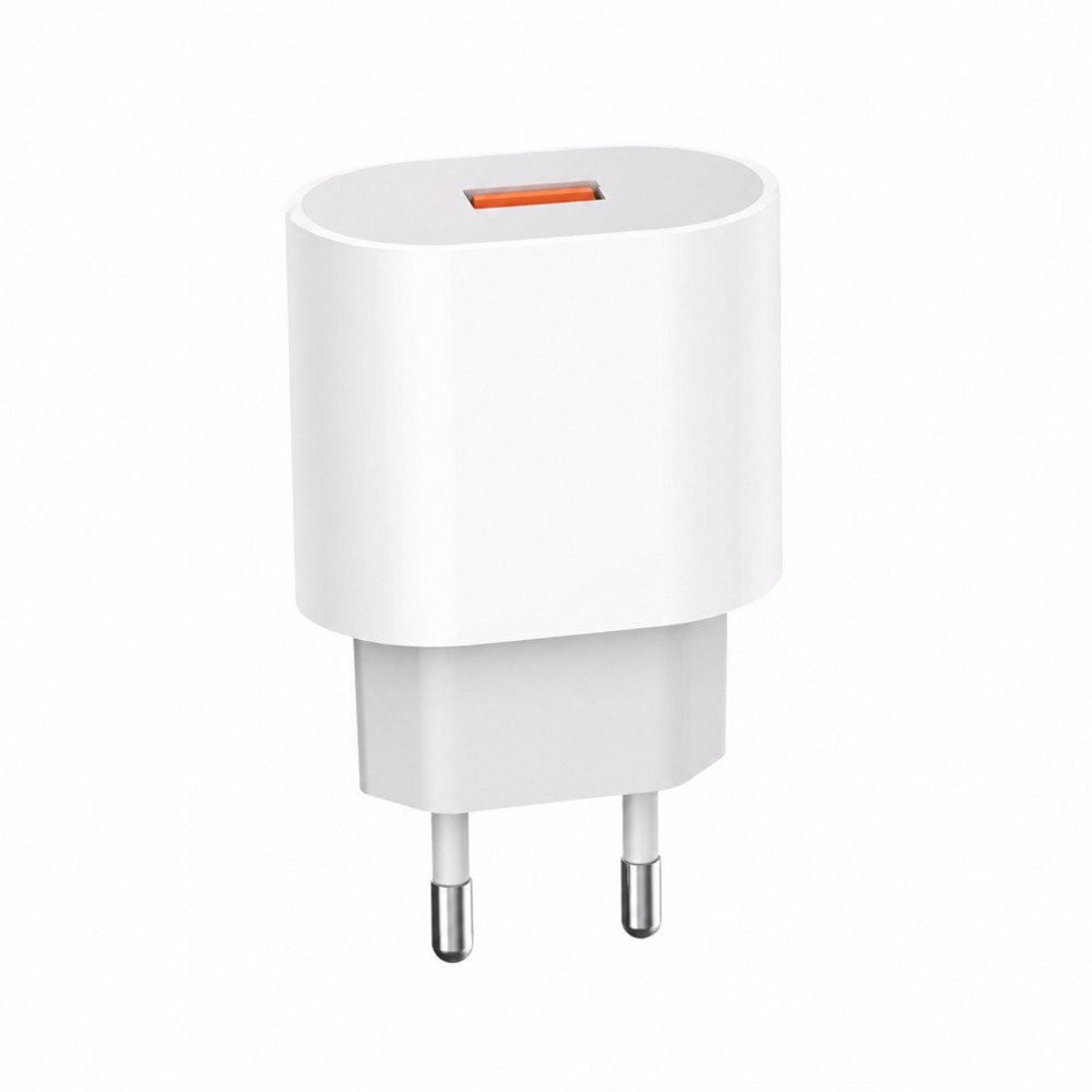 CA31-8 Charger: white compact body, EU 2-pin plug, single USB-A fast charge port (orange), portable, smart device detection & safe fast charging-ideal for phones, tablets, earbuds at home or travel.