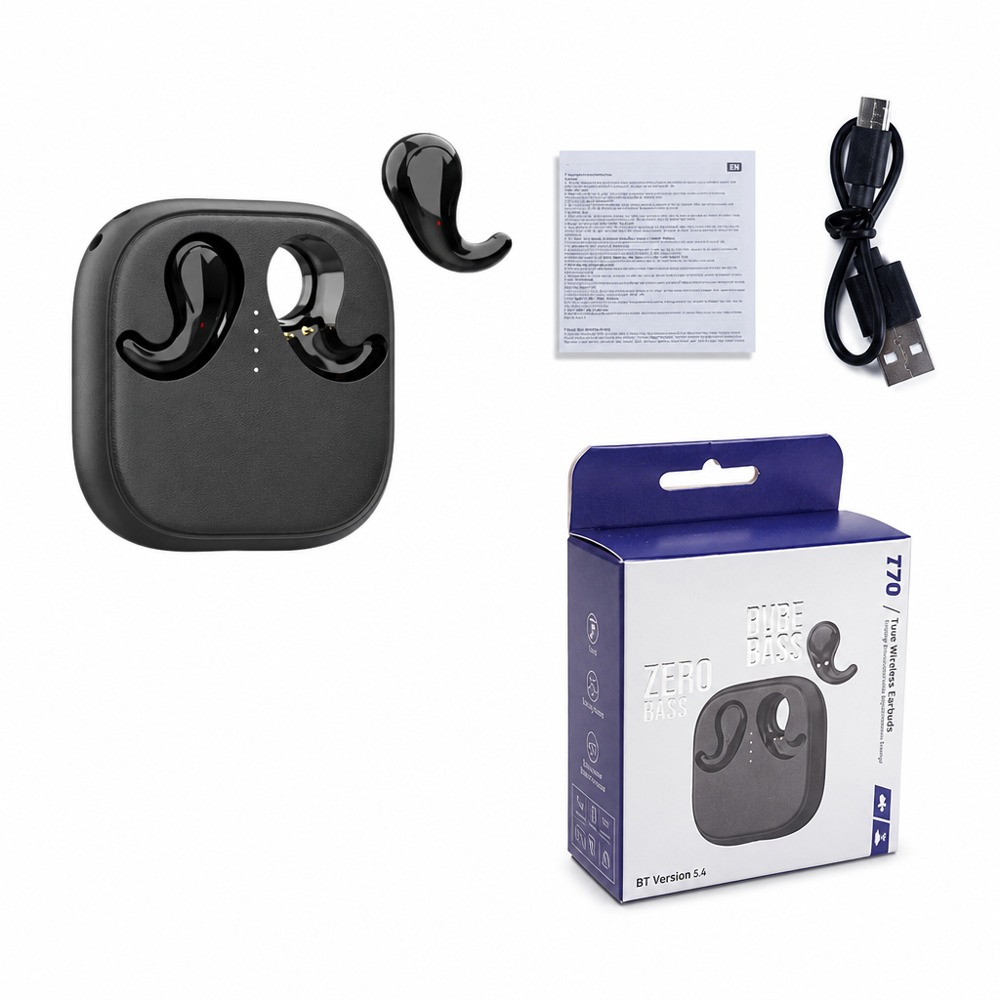T70 open-ear bone conduction wireless Bluetooth earbuds with Bluetooth 5.4 chip, equipped with portable charging case, comfortable for sports, calls and music listening.