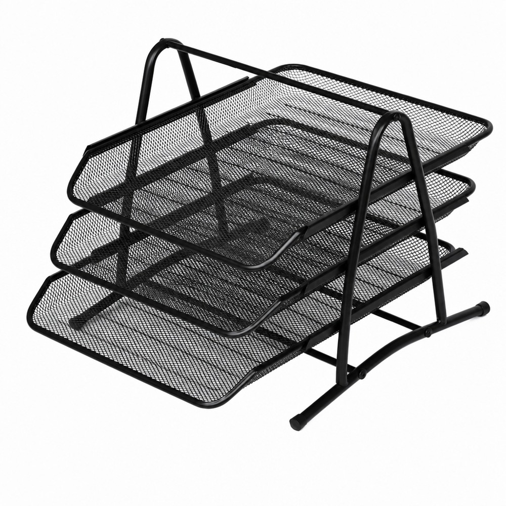 3-tier metal mesh document tray, layered paper storage, sturdy office desktop file organizer