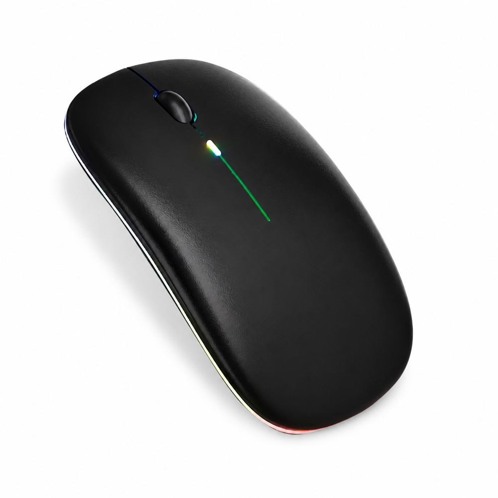 Slim RGB wireless rechargeable mouse, silent lightweight design, compatible with laptop and desktop for office use.