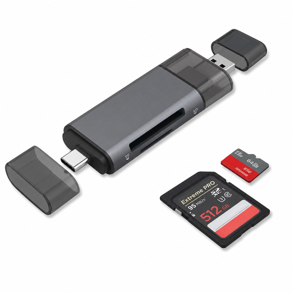 Dual-port card reader with USB & Type-C connectors, supports SD and TF cards, high-speed reading for phones and computers.