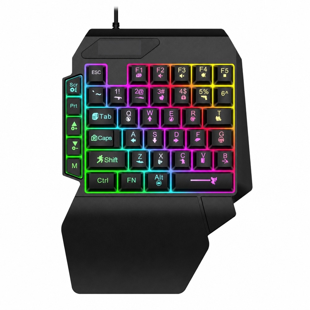 Wired one-hand gaming keyboard with RGB backlight, compact keys & hand rest, multifunctional for mobile & PC games
