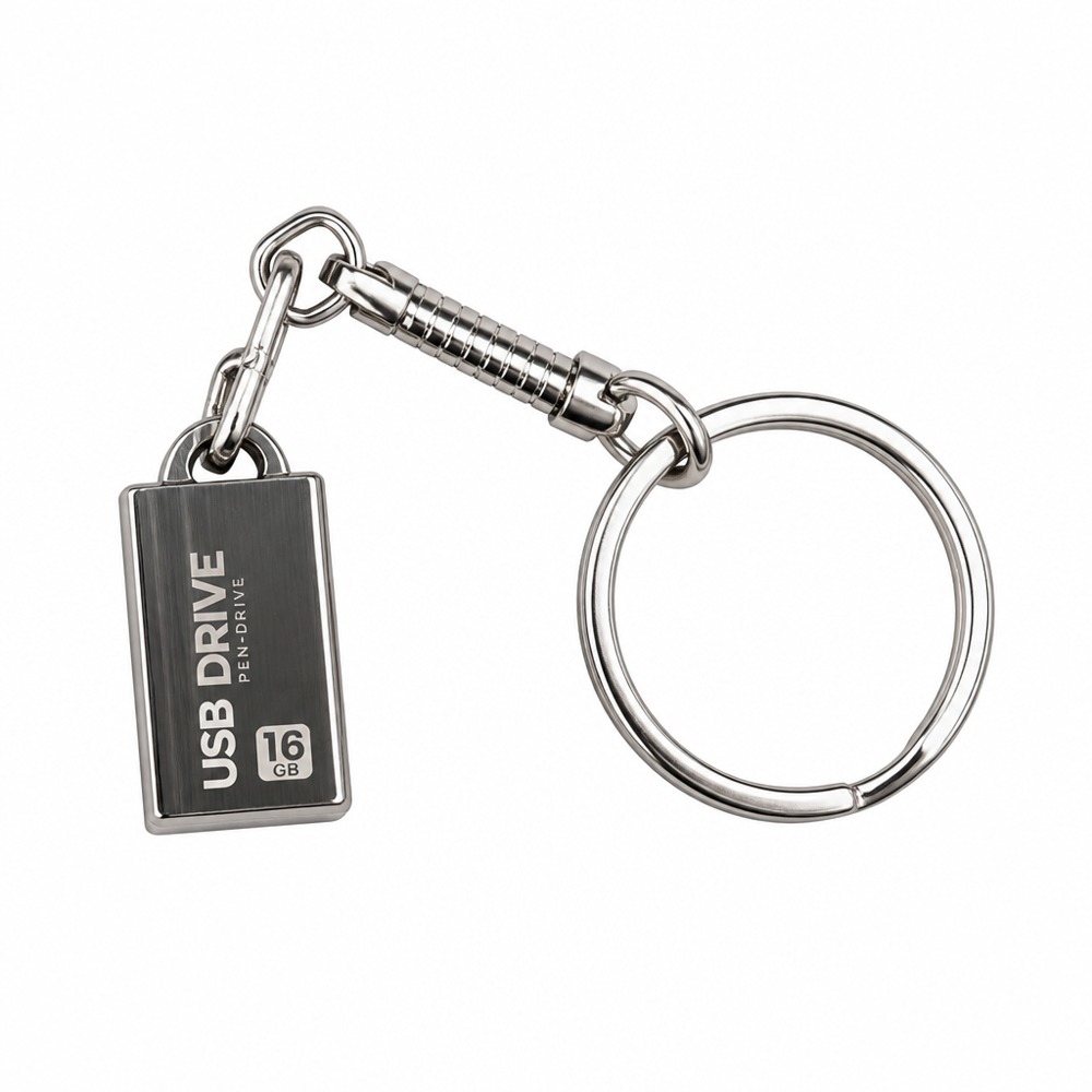 Metal-cased mini USB flash drive with a keyring and spring connector chain compact, portable, and plug-and-play.