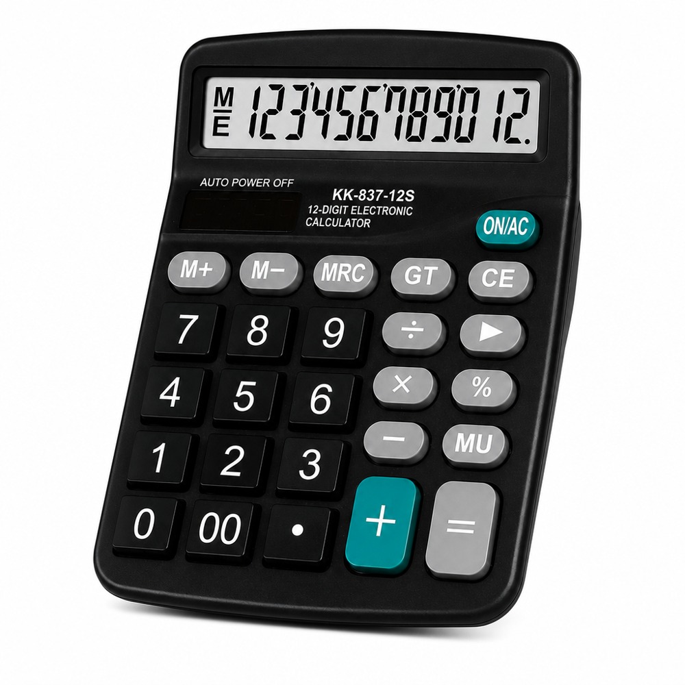 Calculator 837-12S: 12-digit large display, dual solar + battery power, 33° tilted body with anti-slip pads, responsive keys, auto power-off-ideal for finance, office and student use.