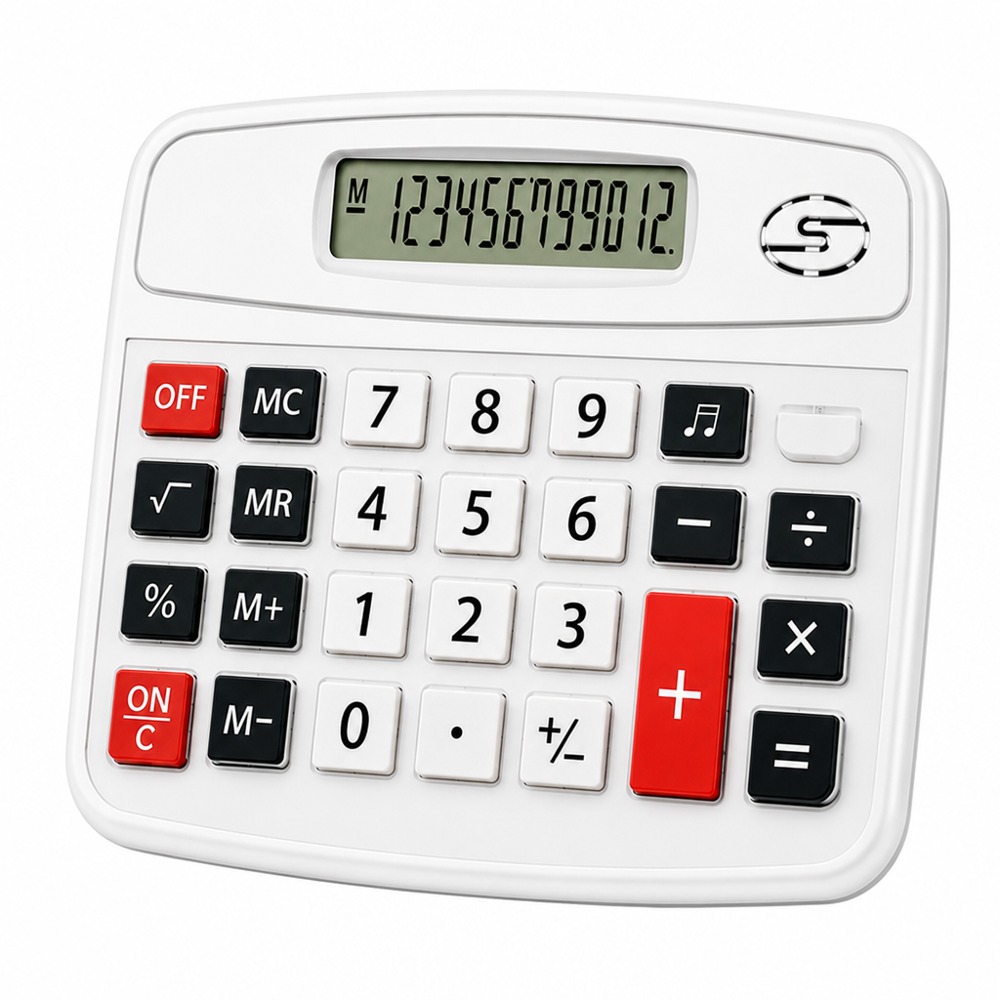 Calculator 9835A: 8-digit clear display, real-voice broadcast, responsive keys, basic arithmetic + percentage, auto power-off, anti-slip body-ideal for office, finance, retail and home use.