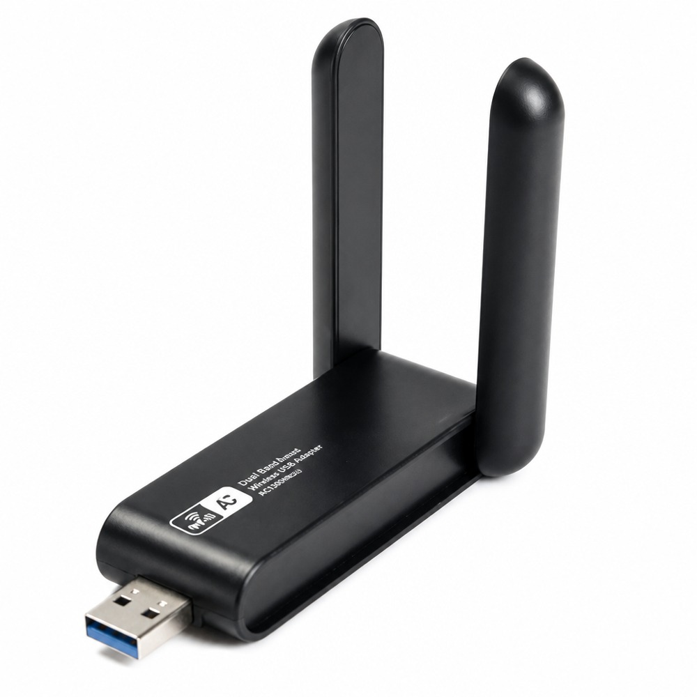 AC1300 Dual-band USB3.0 WiFi Adapter with dual high-gain external antennas, delivers high-speed and stable wireless network for desktops and laptops.