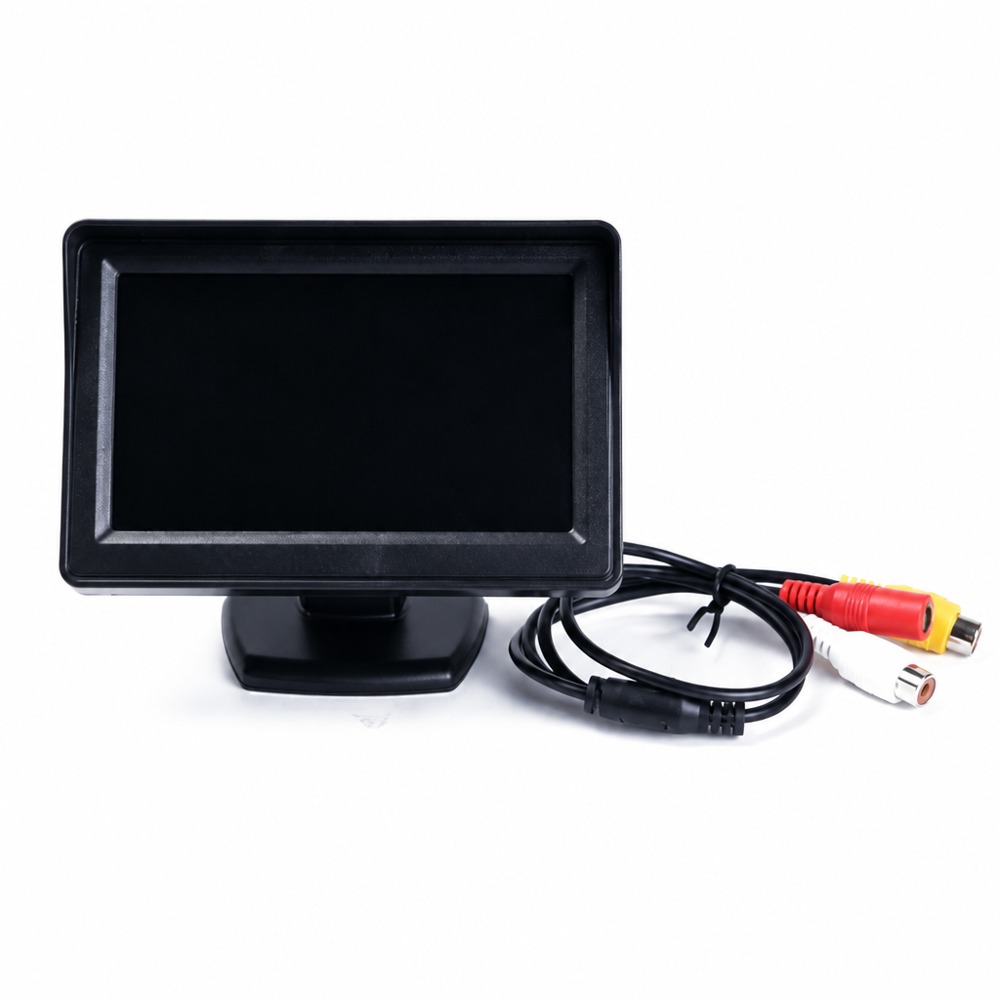 4.3-inch desktop car monitor with AV RCA input and fixed bracket, widely used for vehicle rear view camera and small security monitoring display.