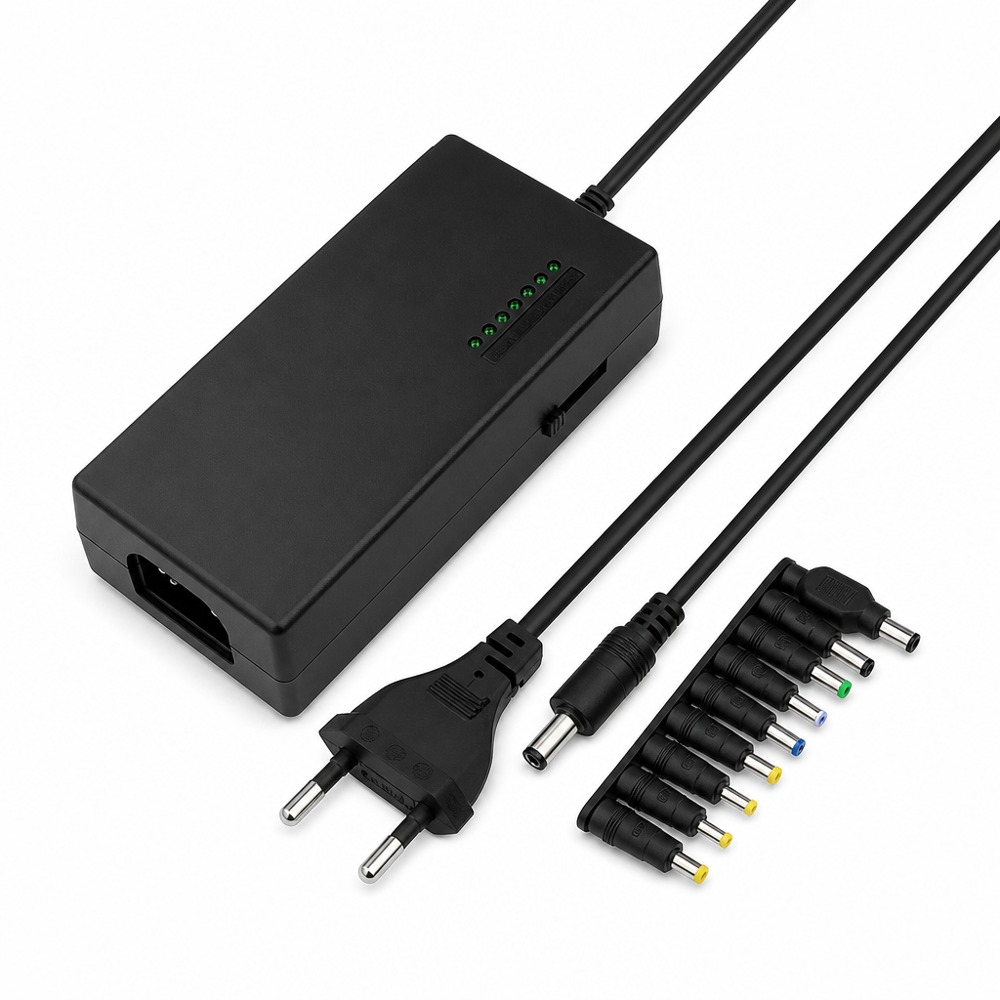 EU plug adjustable voltage DC power adapter with multiple DC connector tips and LED indicator light, compatible with laptops and various digital small appliances.