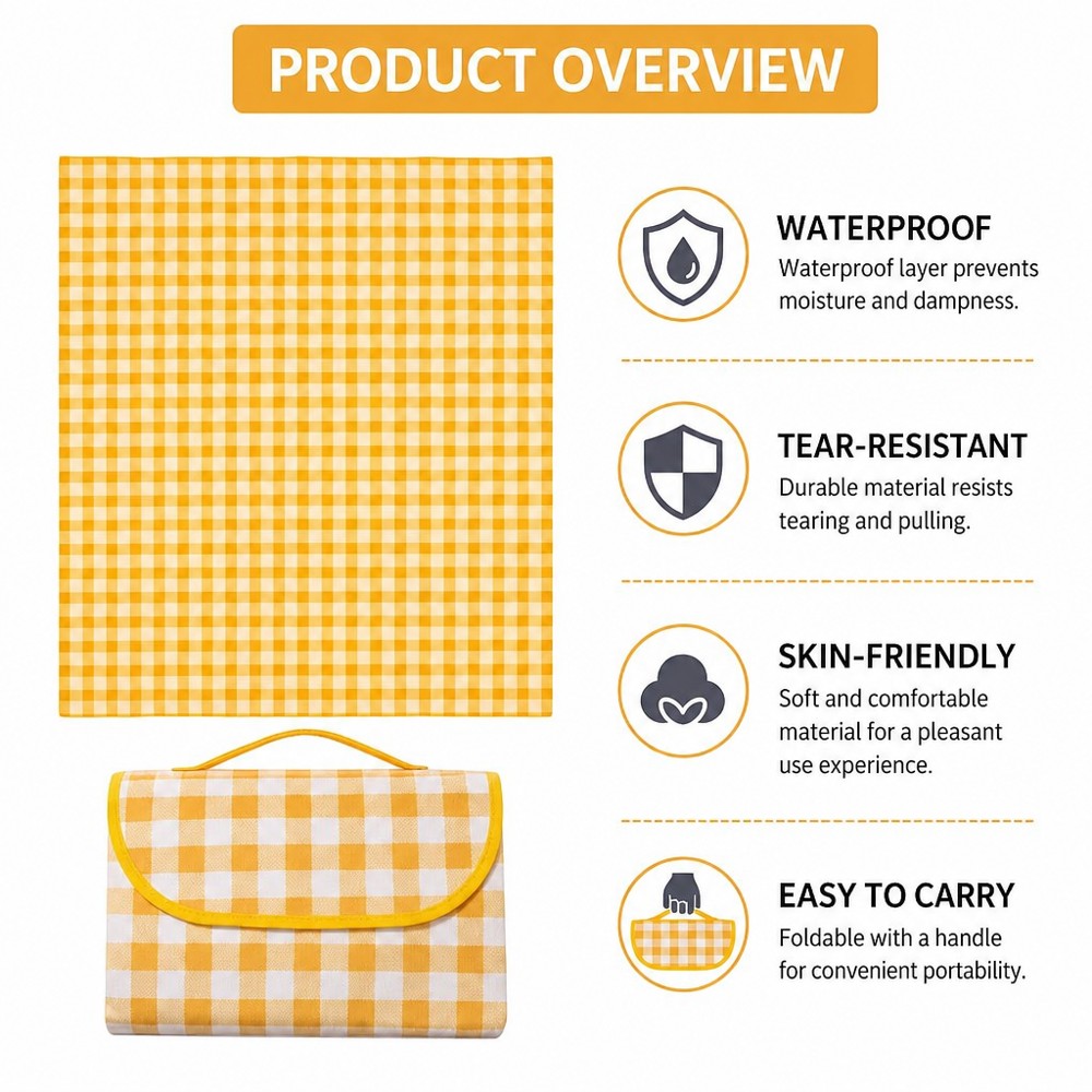 Yellow Check Portable Handheld Picnic Mat, Non-woven with Waterproof Coating, Moisture-proof, Tear-resistant, Skin-friendly, Foldable for Outdoor Camping & Picnic.