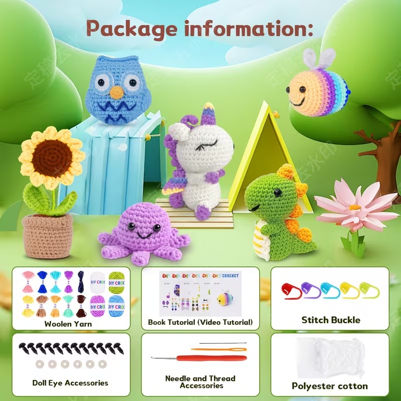 Beginner Crochet Kit for Yarn Dolls, DIY Plush Animal Set (No Tool Kit Included)