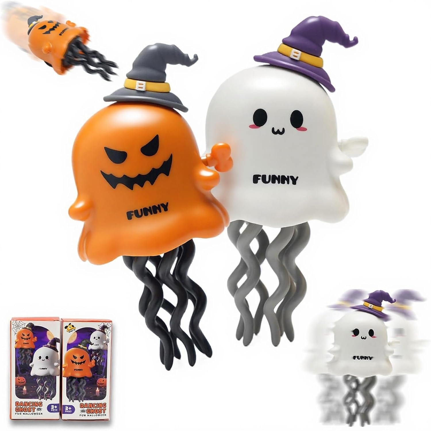 Halloween Ghost and Pumpkin Toys for Kids, featuring dancing, standing and pulling functions, perfect as Halloween party favors. Includes candy bag fillers, sugar-free gifts and prizes.
