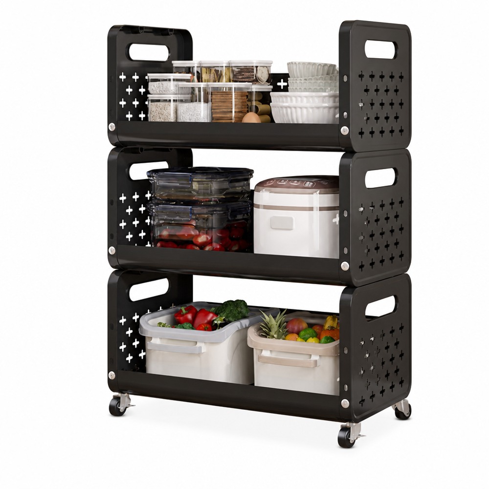 3-tier movable kitchen storage rack with breathable hollow side panels and universal wheels, large layered capacity for classified storage of kitchen ingredients and utensils
