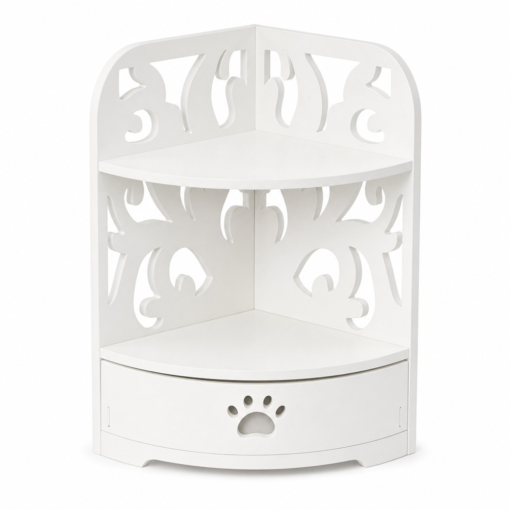 2-tier corner storage rack with hollow carving and cute paw drawer, countertop organizer for bathroom toiletries