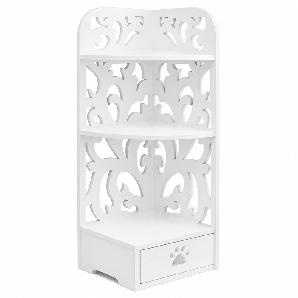 3-tier hollow carved corner storage shelf with paw print drawer, countertop organizer for bathroom toiletries and cosmetics