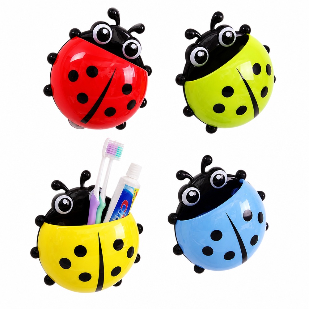 Cartoon seven-spot ladybug-shaped suction cup organizer (color shipped at random). Featuring a strong suction wall-mounted design, it is the perfect storage solution for toothbrushes and toothpaste in the bathroom.