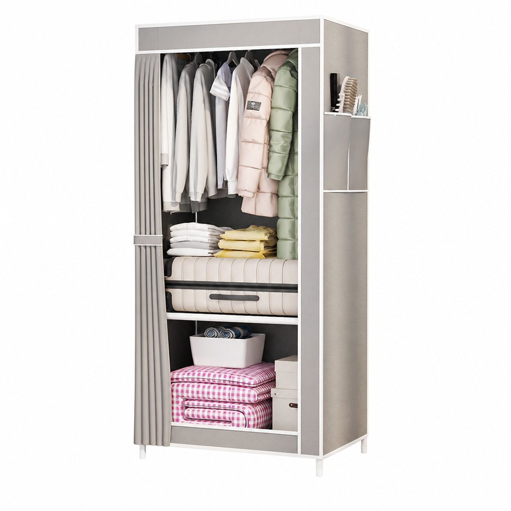 Grey Fabric Wardrobe, Assembleable Large Capacity Storage, with Dustproof Curtain & Side Pockets, Practical Closet for Storing Clothes and Sundries in Rentals & Dorms