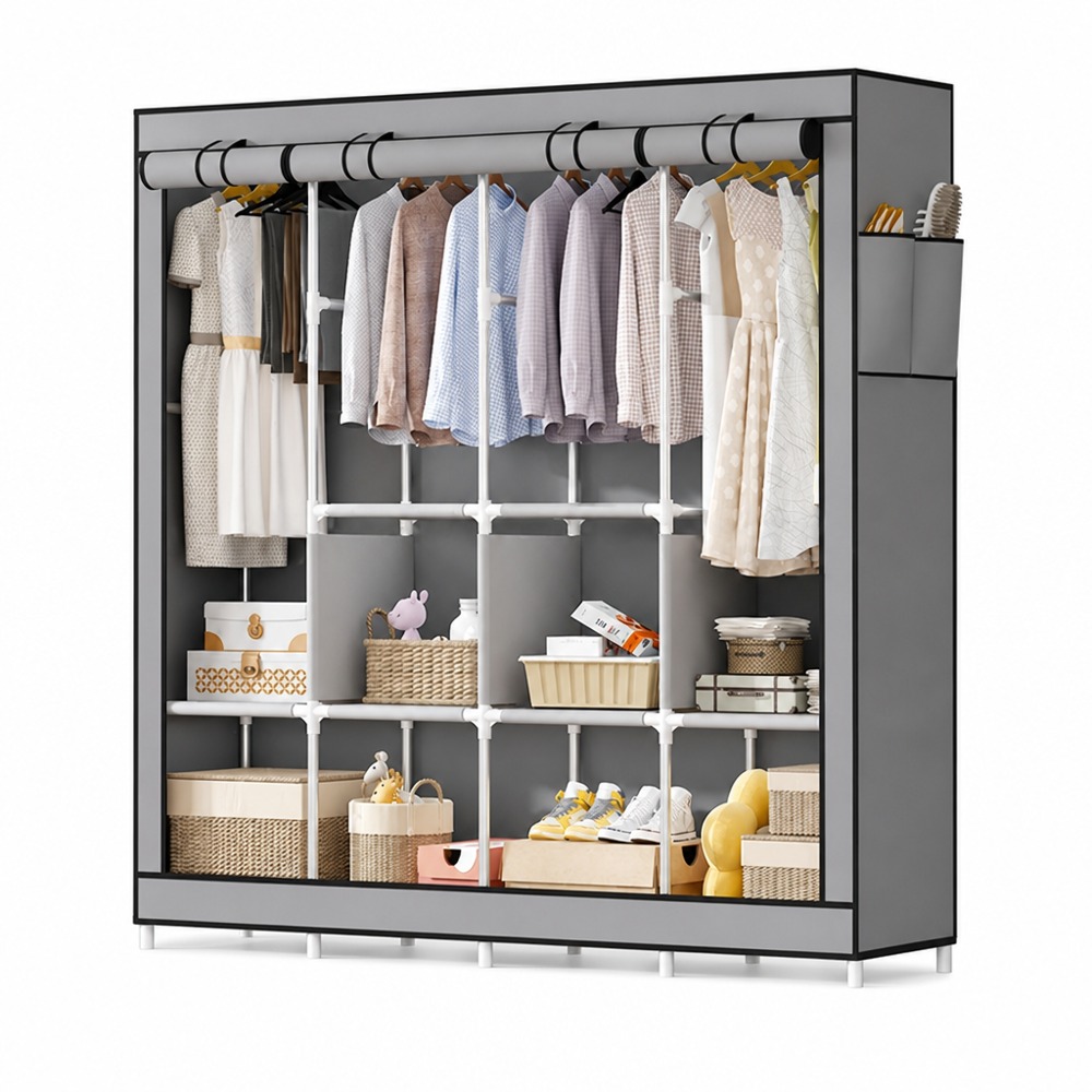 Gray 4-compartment Fabric Wardrobe, thick sturdy frame, classified hanging & folding storage for clothes, dust-proof cover, large capacity, easy assembly for home clothing organization.