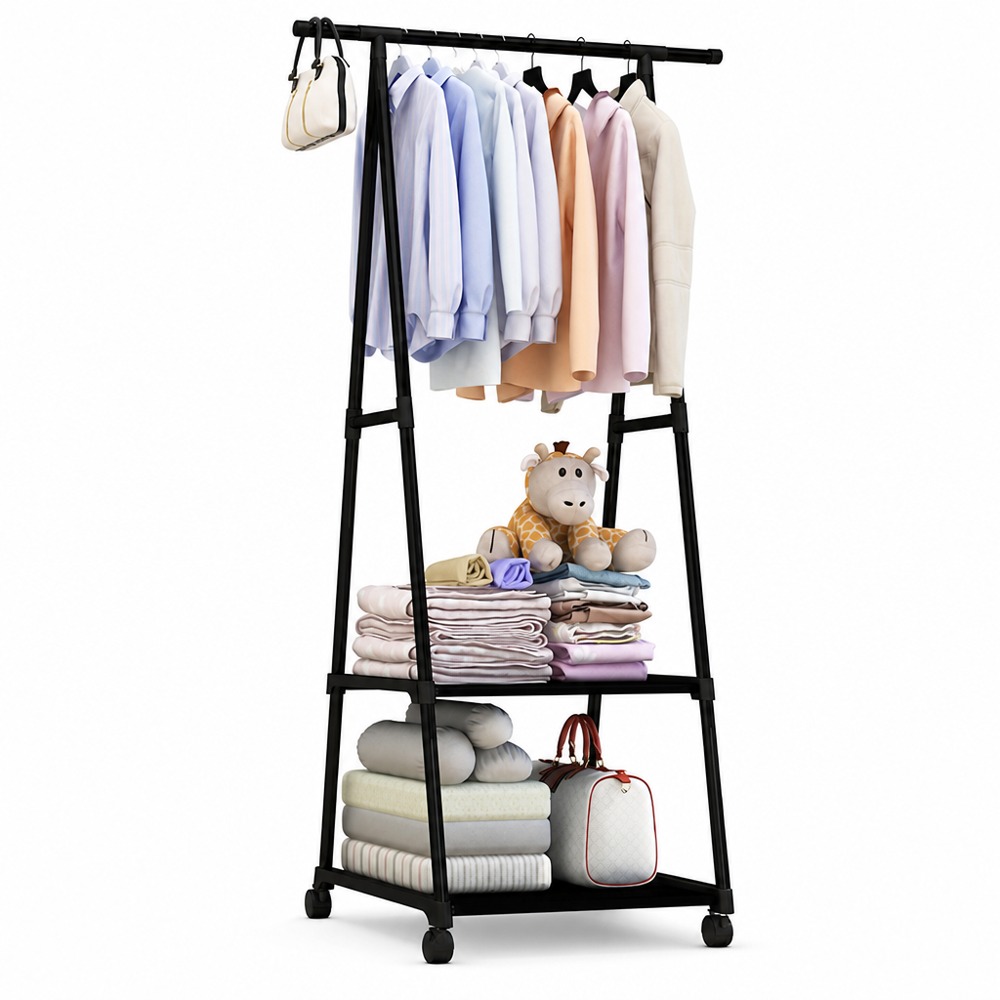 A-frame Triangle Garment Rack, top hanging bar with side hooks, two storage shelves with rolling wheels, movable stable clothes organizer for entryway & bedroom