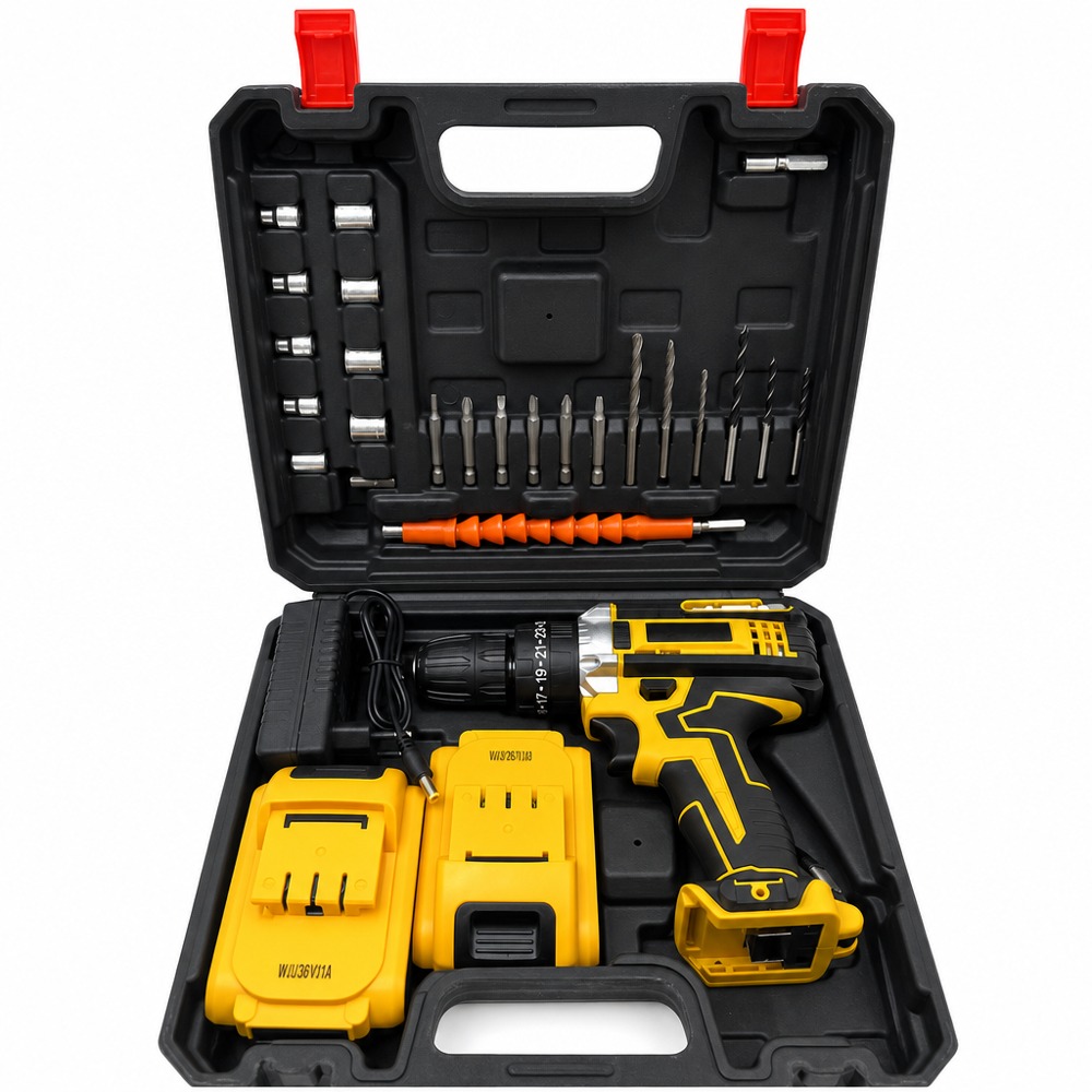36V cordless drill tool kit with two batteries, complete drill bits sockets set, multifunctional lithium power tool for household use