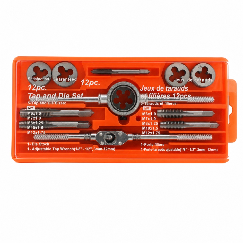 12pcs metric tap and die set with wrenches, internal external threading tool for machinery maintenance