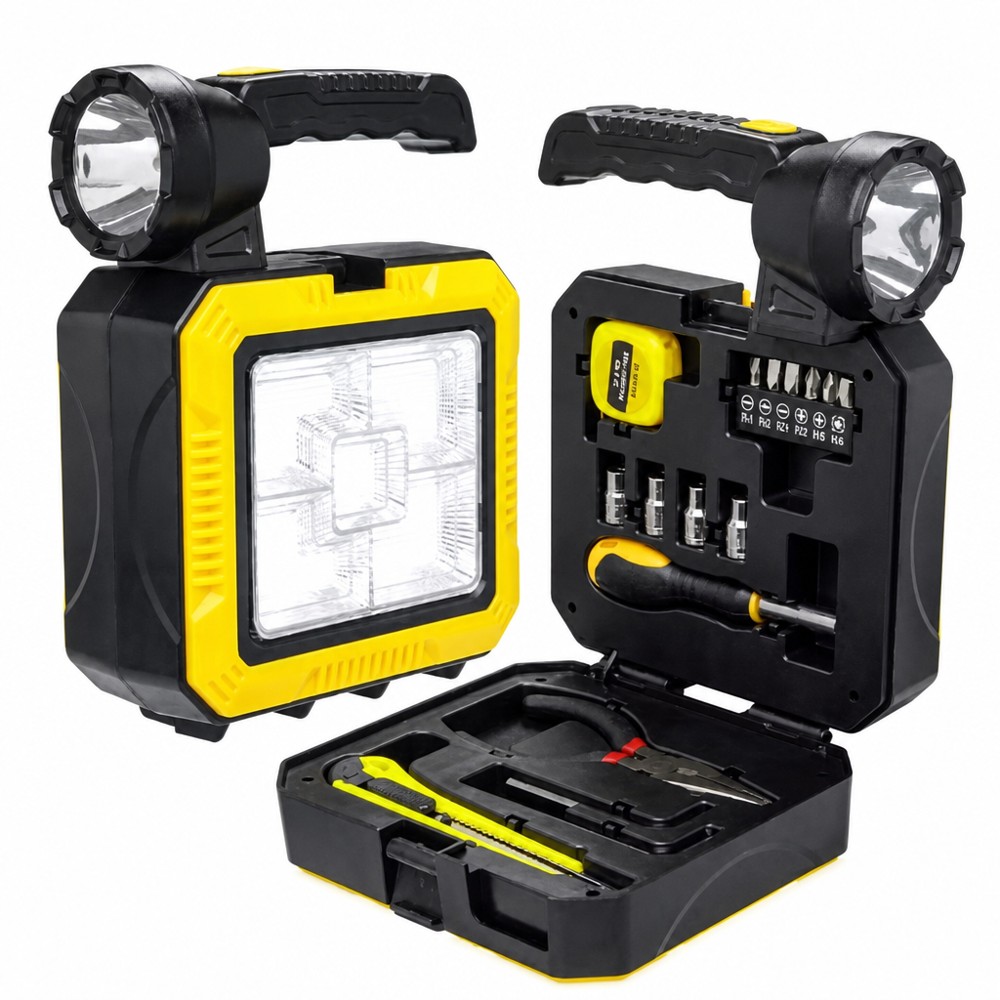 Multifunctional solar portable work light tool box, integrated LED lamp & complete repair tools for outdoor emergency maintenance