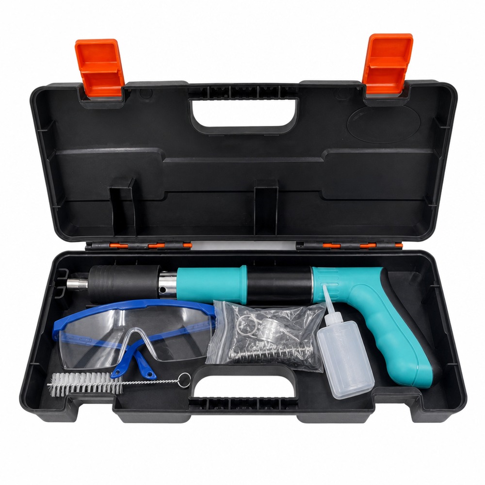 Portable power actuated nail gun tool kit with safety goggles, for concrete wall fastening decoration