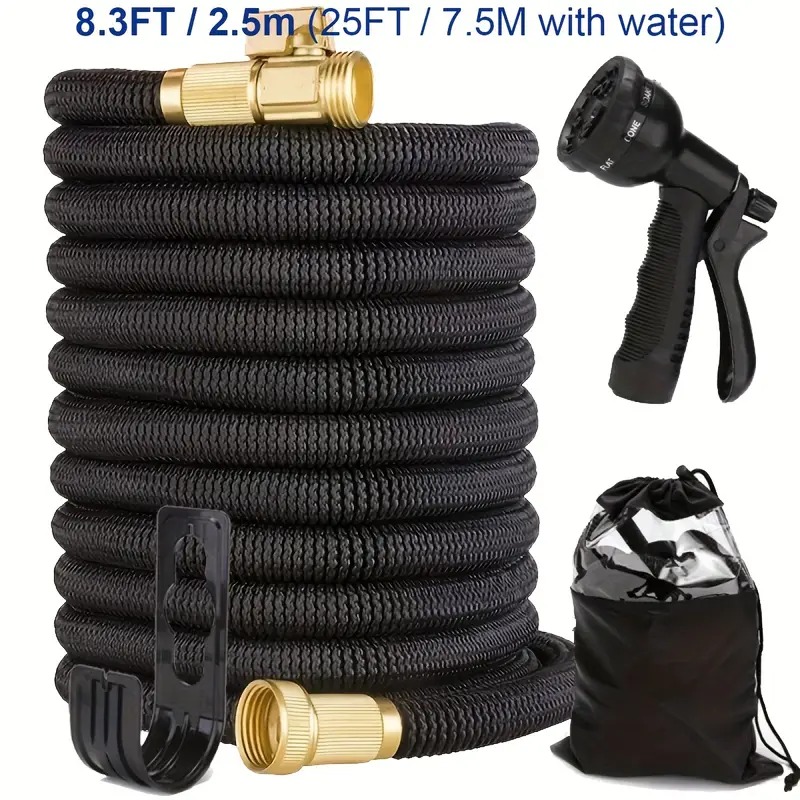 Upgraded 25-Foot Retractable Garden Hose - Anti-tangle, Flexible and Lightweight, Suitable for Gardening Watering, Car Washing and Outdoor Cleaning (Black)