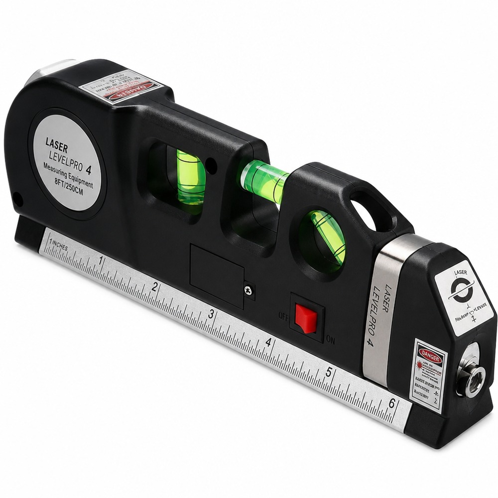 4-in-1 laser level tape measure, integrates tape, spirit level, horizontal & vertical laser lines, multi measuring tool for home renovation