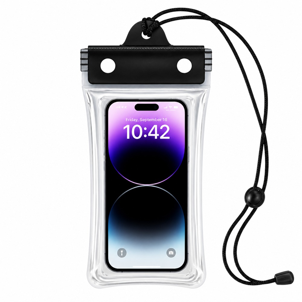Transparent waterproof phone pouch with a snap-lock seal and neck lanyard touchscreen-friendly, supports underwater photography, ideal for swimming and rafting.
