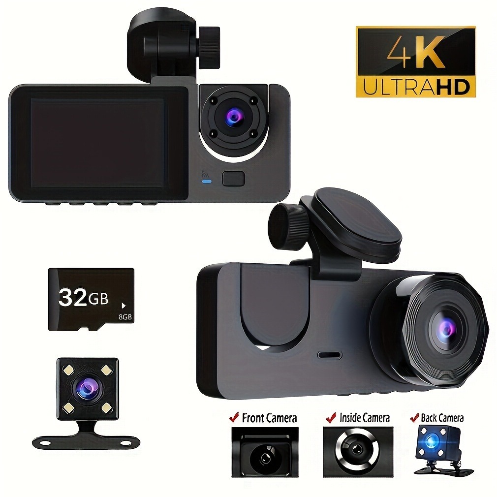 3-Channel Dash Cam - Front/Rear/Inside Triple Recording for Cars, Night Vision, Parking Mode, Loop Recording
