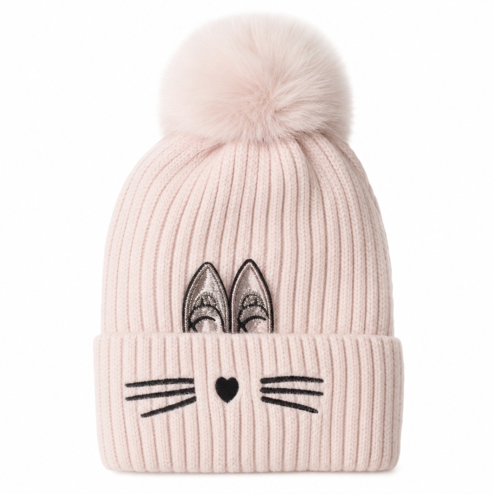 Cute cat embroidered knit beanie, vertical rib cuffed, warm fashion winter hat