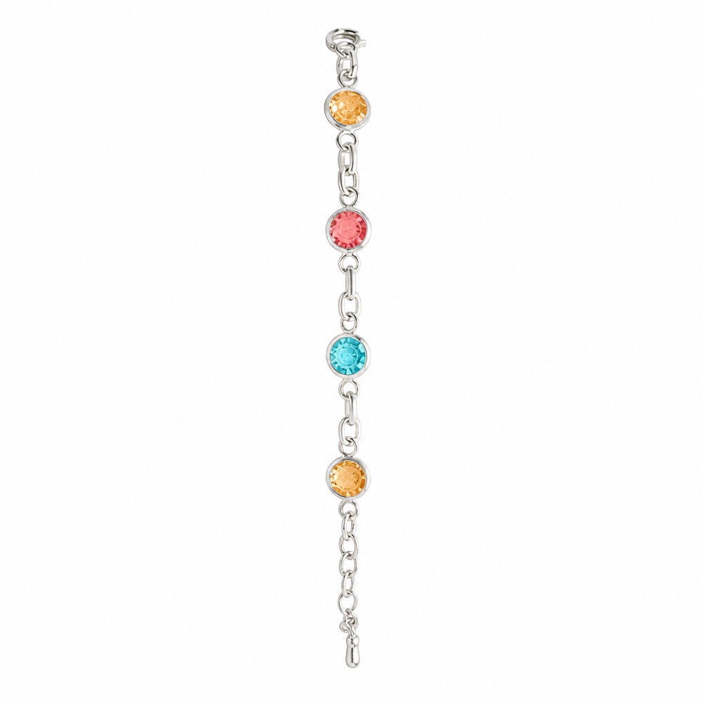 Silver link bracelet with four round colorful rhinestones, macaron tone, adjustable delicate jewelry for girls