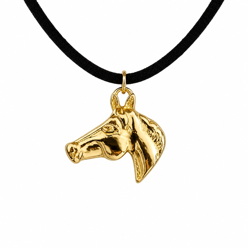 Vintage gold 3D horse head pendant necklace with black suede cord, trendy unisex fashion jewelry