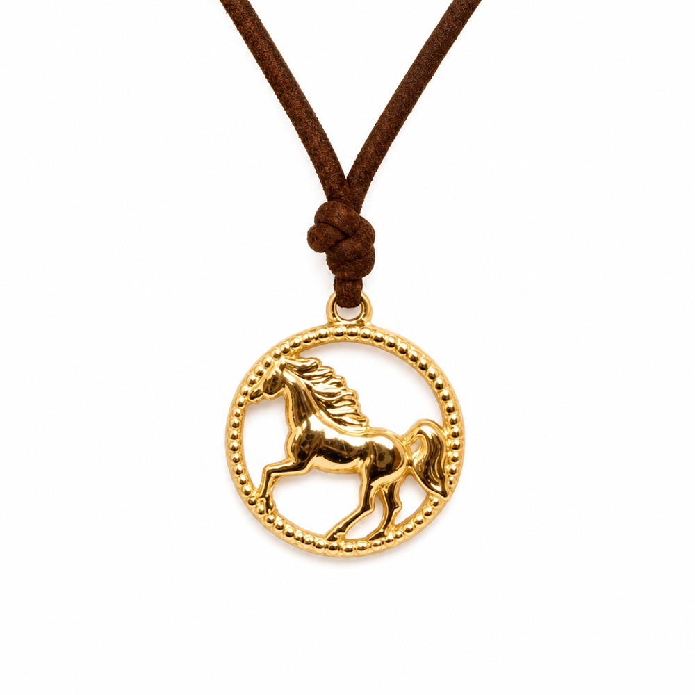 Vintage hollow running horse gold pendant necklace with adjustable brown suede cord, western style fashion jewelry
