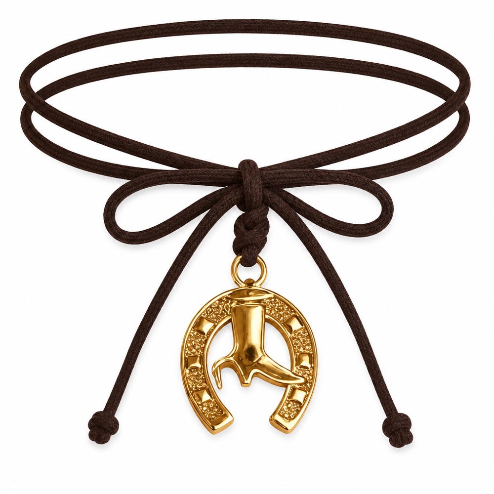 Western style gold horseshoe & cowboy boot hollow pendant necklace with knottable brown suede cord, retro trendy jewelry