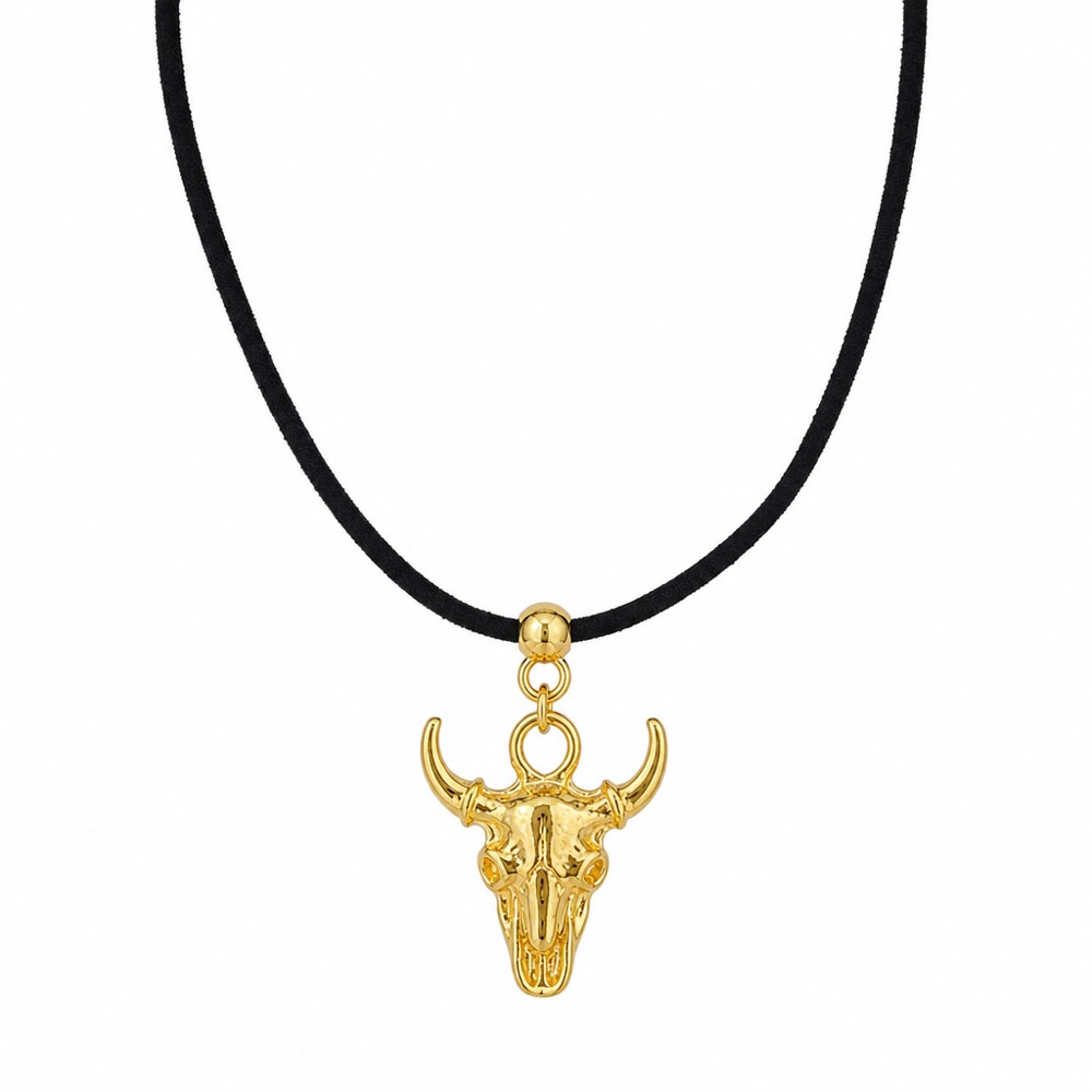 Vintage 3D golden bull skull pendant necklace with adjustable black suede cord, western style unique fashion jewelry